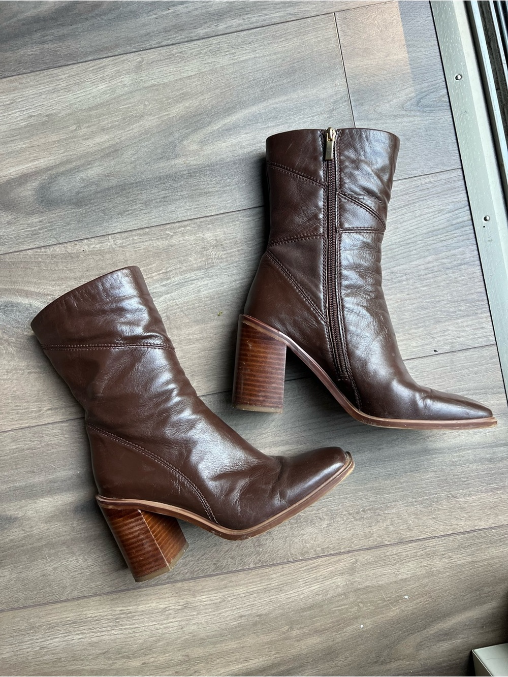 Franco Sarto Women's Brown Leather Mid-Calf Block Heel Boots size 8